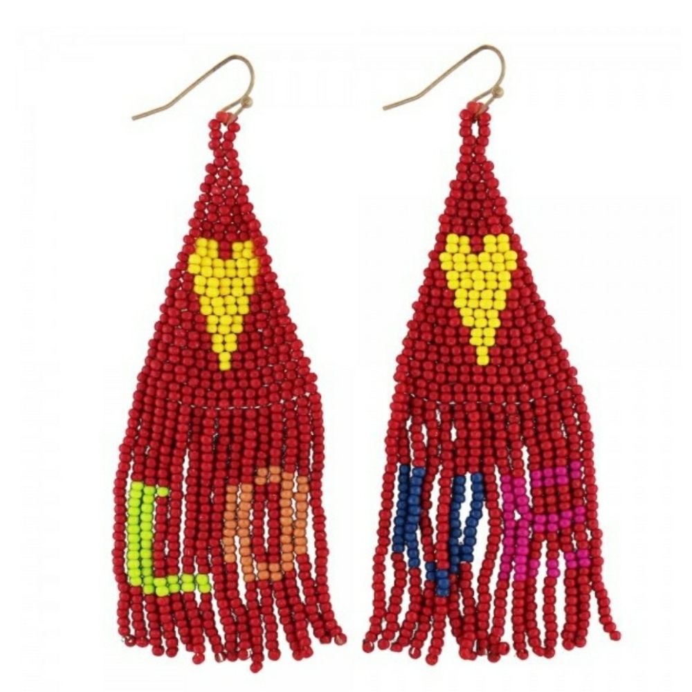 Earrings--Fringe Heart Love Seed Bead Dangles